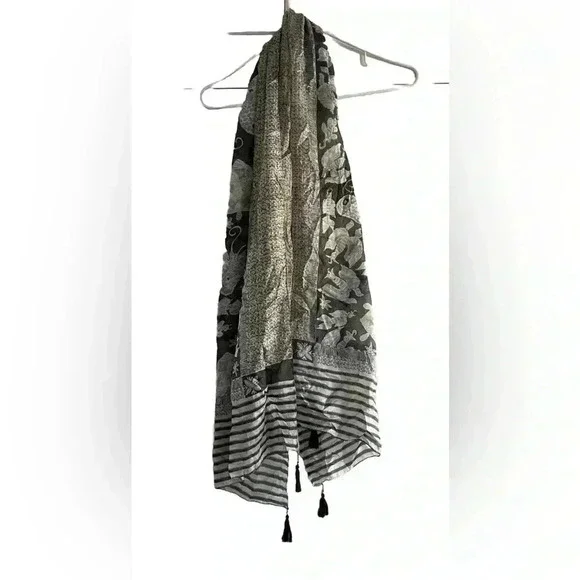 Blue And White Scarf W/tassels, Butterfly, Birds, Soft, Lightweight - Picture 1 of 4